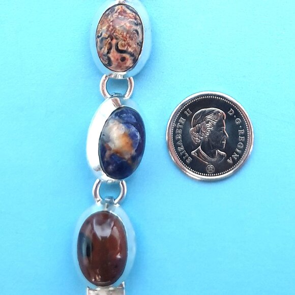 Chunky Vintage Taxco Mexico TH-75 Sterling Silver Multi-Gemstone Link Bracelet - Picture 6 of 16